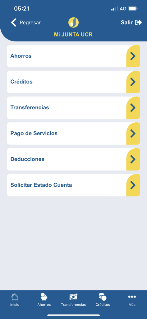 JUNTA UCR - Main menu of the JUNTA UCR mobile app displaying financial options