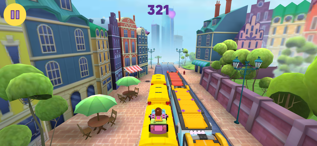 LEGO Friends character racing a pink car on top of yellow school buses in Heartlake City