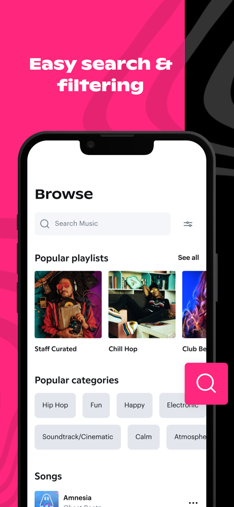 Pantalla de búsqueda de la aplicación móvil Soundstripe que muestra búsqueda de música libre de regalías y listas de reproducción curadas para creadores digitales