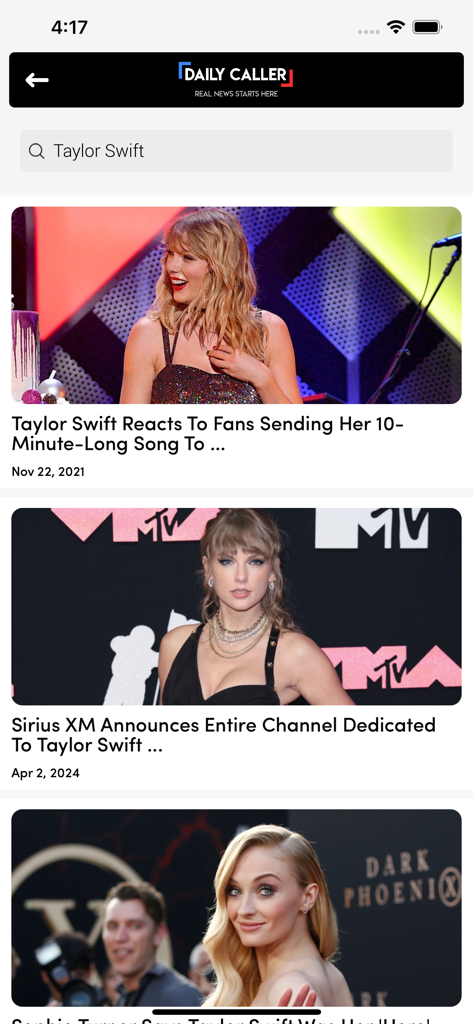 Resultados de búsqueda de la aplicación Daily Caller para Taylor Swift mostrando varios artículos de noticias.