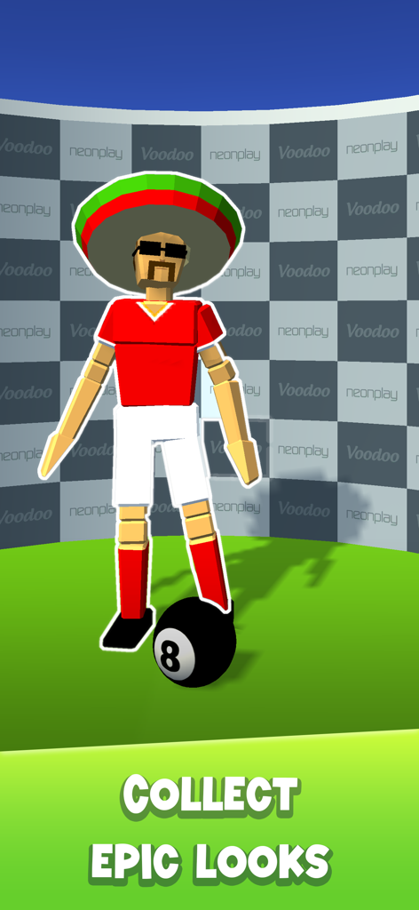 A low-poly soccer player wearing a sombrero and sunglasses standing on an 8-ball.