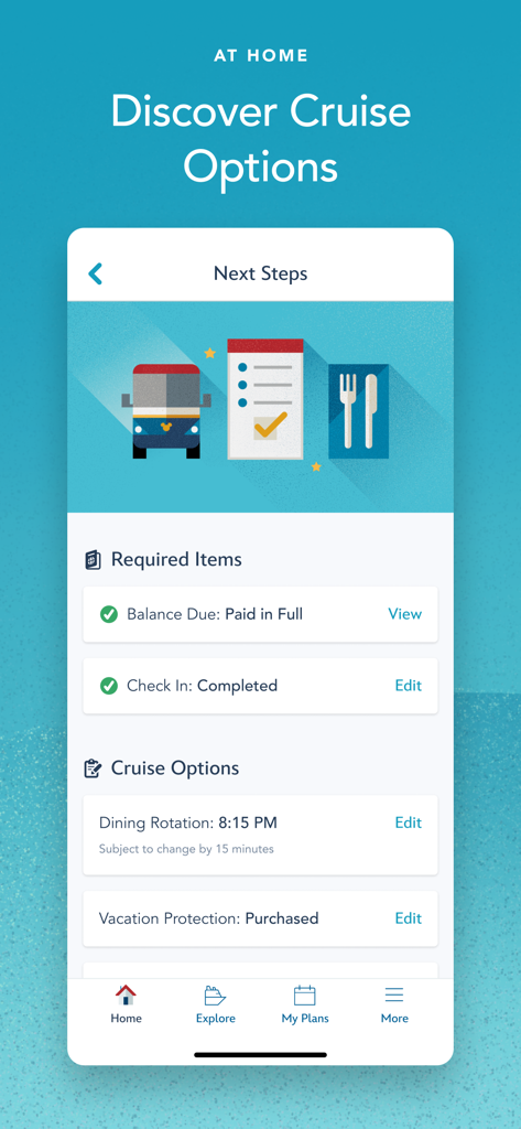 Disney Cruise Line Navigator app displaying the next steps for cruise preparation including check in status and dining rotation details