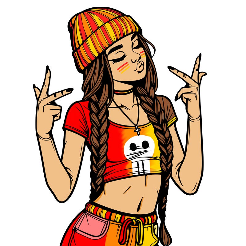 realistic teenage girl with braids and a beanie and crop top doing 🫶🏼