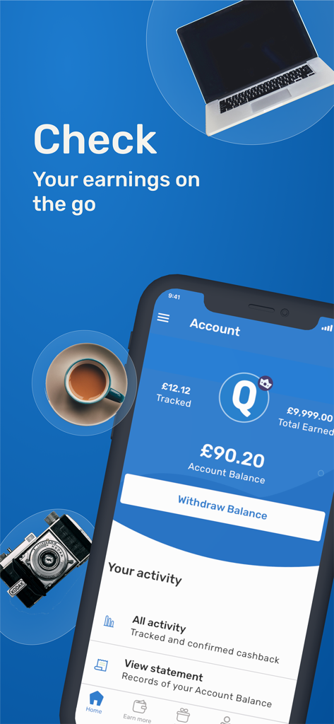 Quidco: Cashback and Vouchers - Painel da conta do aplicativo móvel Quidco mostrando ganhos rastreados e saldo da conta com um botão de saque