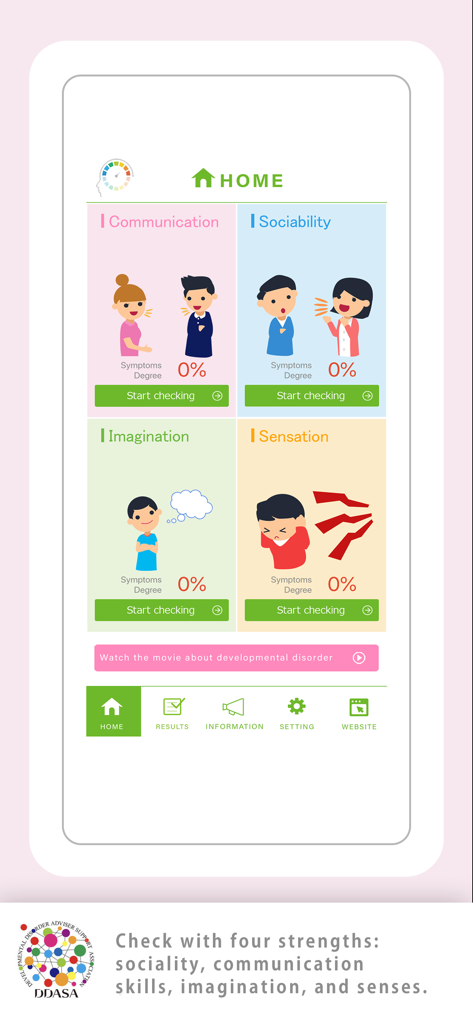 DDASA app home screen showing check sheets for communication sociability imagination and sensation.