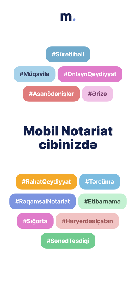 Mobil Notariat app intro screen showing various digital notary services hashtags in Azerbaijani language