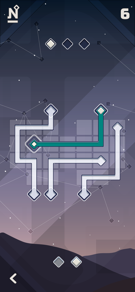 Una captura de pantalla del juego de RUNA mostrando un puzzle lógico minimalista con caminos de luz brillantes y un fondo estrellado celestial.