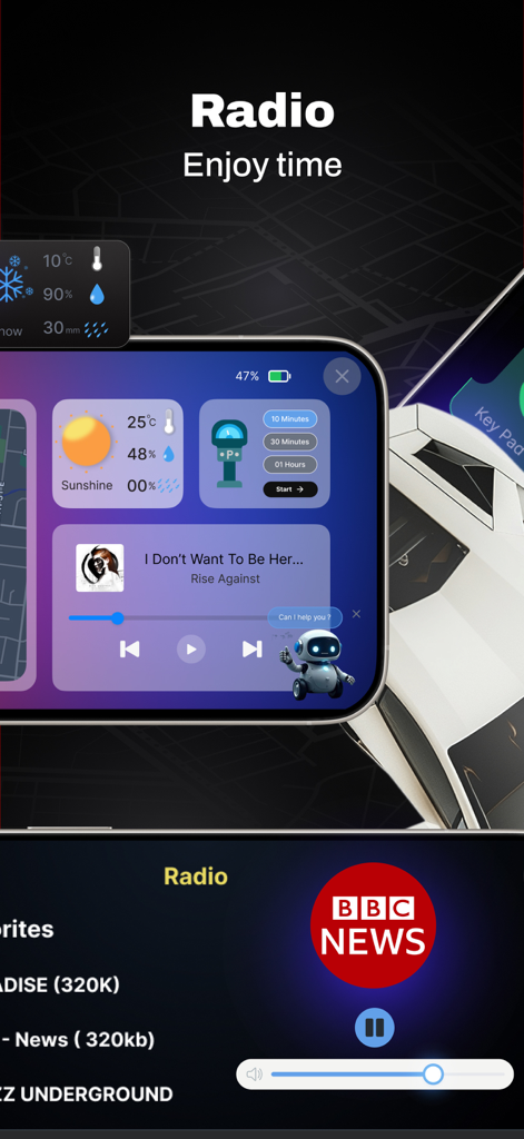 CarLink:Mirror Link Car Screen - CarLink app interface showing radio playback, music controls, weather widgets, and a virtual AI assistant