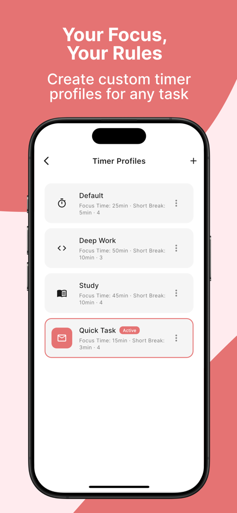 Pomolings - Pomodoro Timer - Pantalla de perfiles de temporizador de enfoque de la aplicación Pomolings para estudio y trabajo profundo
