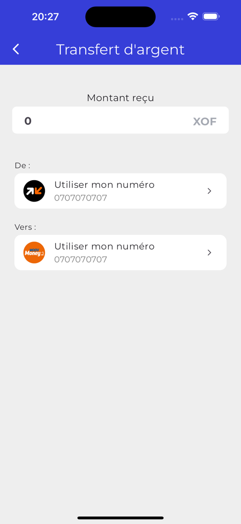 WalliSend - Interface do aplicativo WalliSend mostrando opções de transferência de dinheiro com moeda XOF