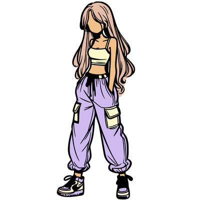 girl in baggy pants crop top and long hair