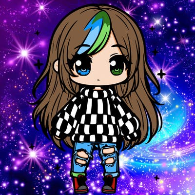 chibi girl with ripped jeans,long hair, and an oversized sweater