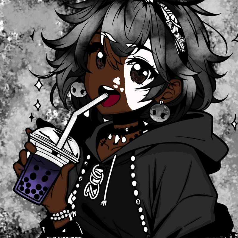 hot baddie anime girl drinking boba and biting the straw