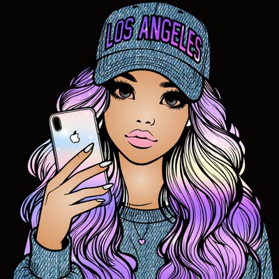 realistic beautiful girl wearing los ángeles cap holding an iphone