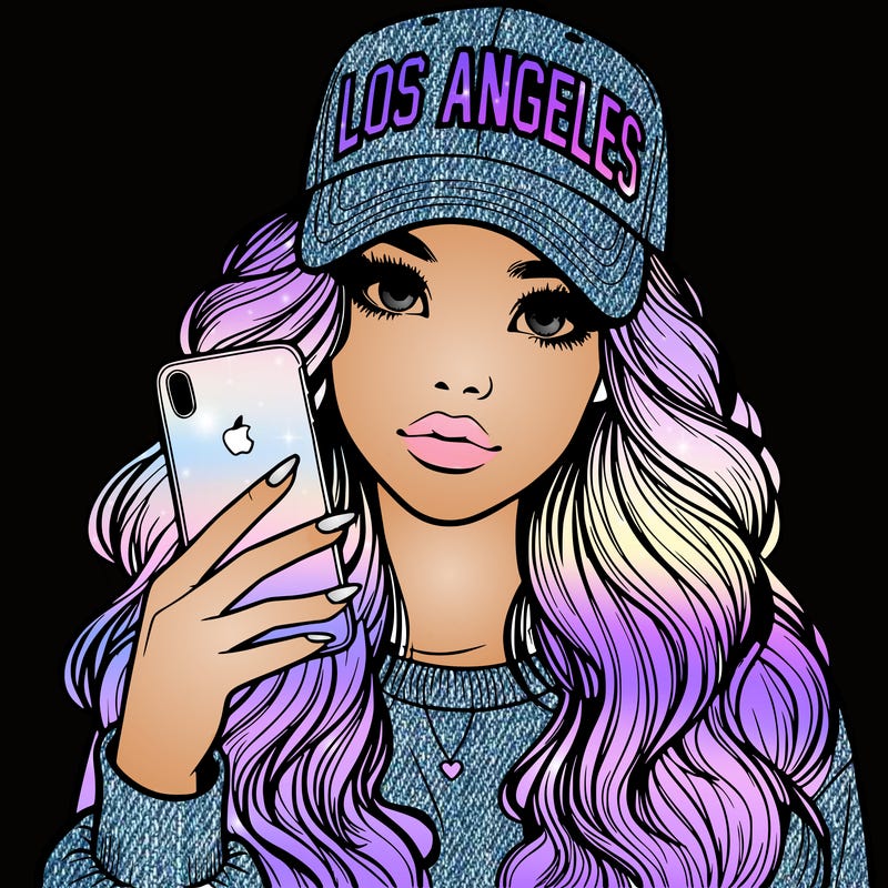 realistic beautiful girl wearing los ángeles cap holding an iphone