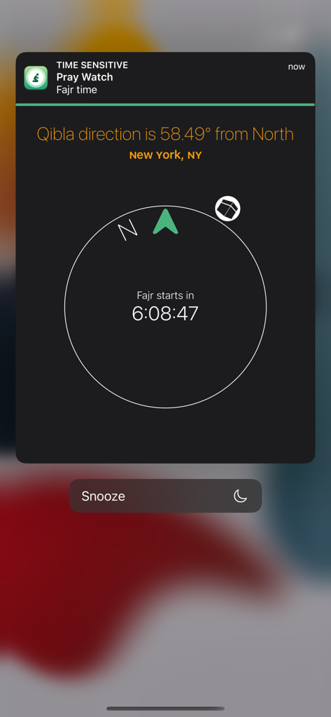 Pray Watch - Notification iPhone de Pray Watch indiquant la direction de la Qibla et le compte à rebours de la prière de Fajr