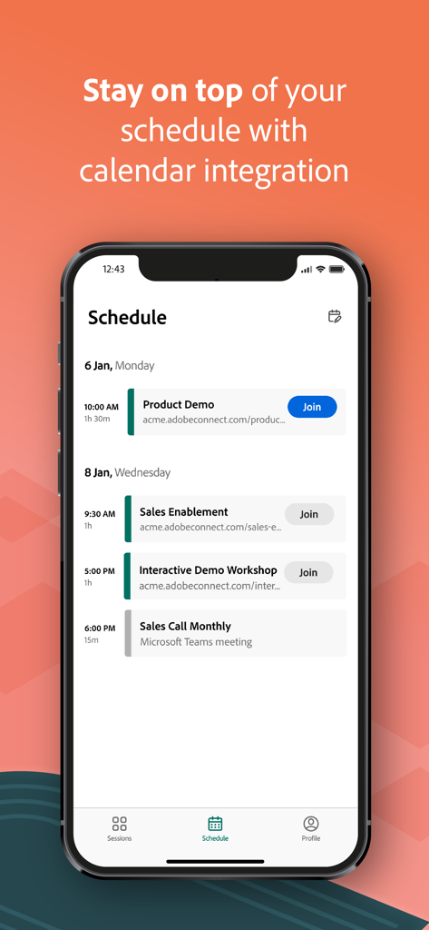 今後の会議とカレンダー統合が表示されたAdobe Connectアプリのスケジュール画面