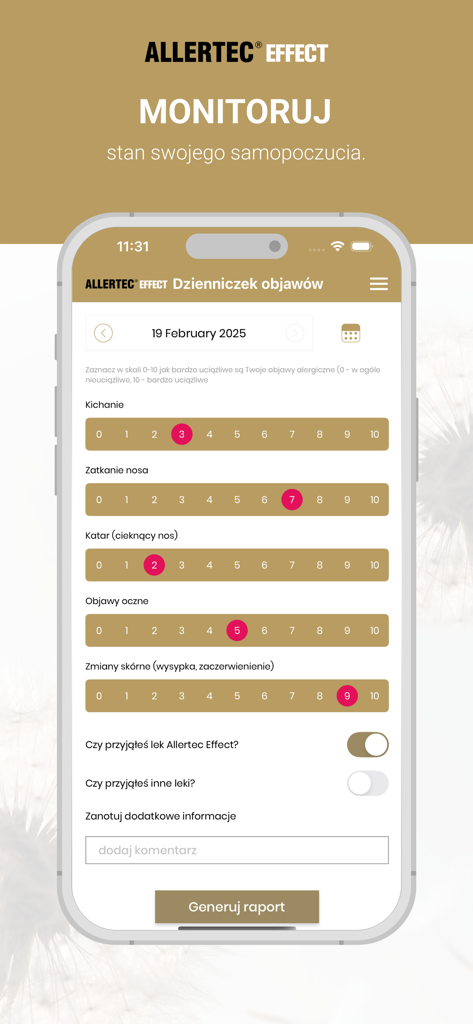 Allertec Effect - Interface of the Allertec Effect app symptom diary for tracking allergy symptoms like sneezing and runny nose
