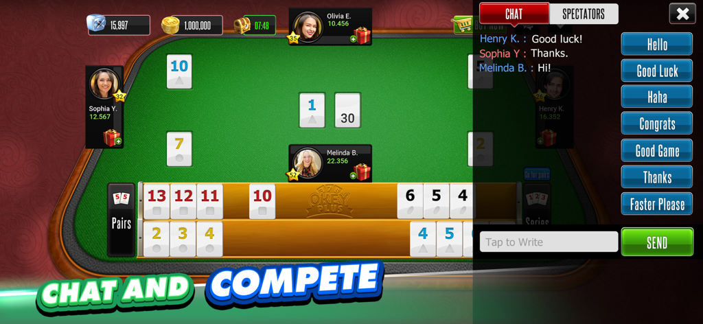 Okey Plus - Gameplay screen of Okey Plus board game showing players tiles and an active chat window