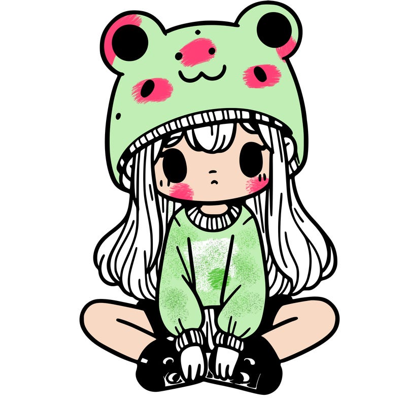 a girl wearing a frog hat and some frog socks