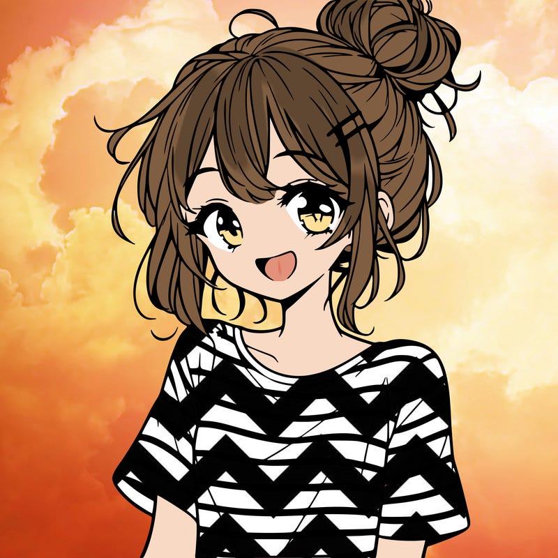 anime girl teenager striped shirt and smile and messy bun