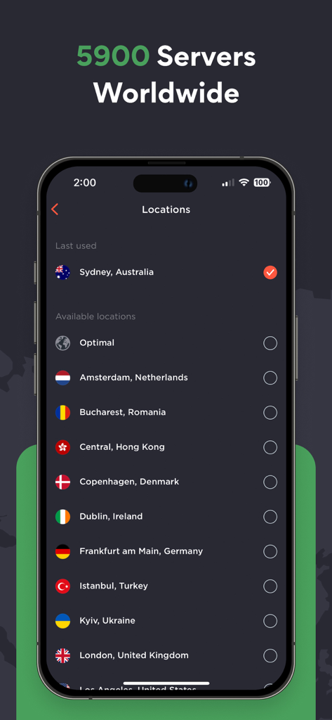 Touch VPN app screen showing a list of global server locations including Sydney, Amsterdam and London