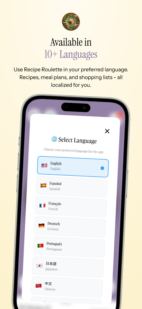 Recipe Roulette - Recipe Roulette app screen showing language selection options for 10 plus languages