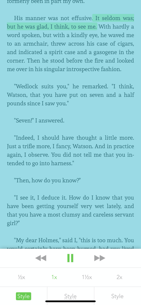 A reading interface from the Offline Books app displaying a Sherlock Holmes story with text highlighting and audiobook playback controls