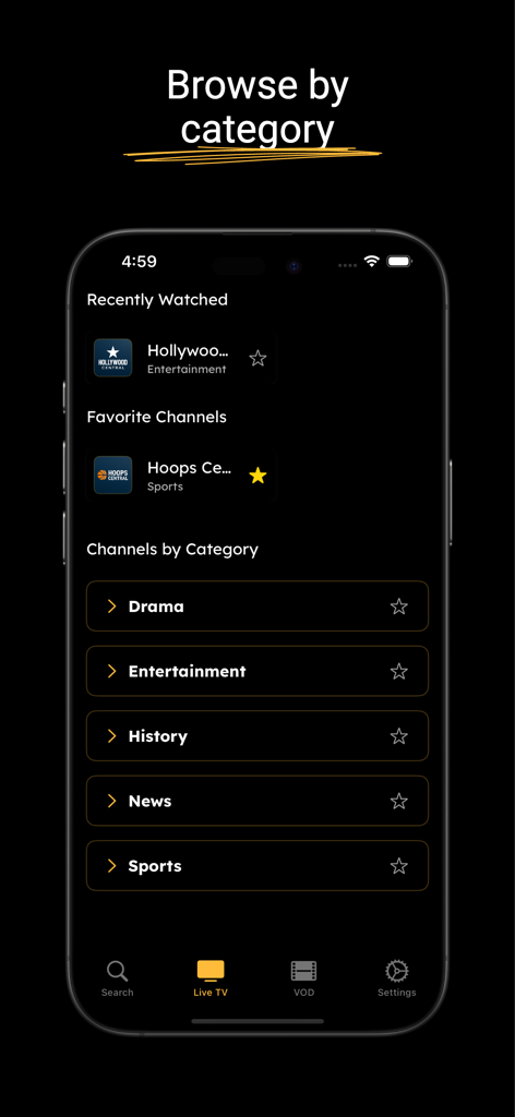 IPTV Player: M3U & Xtream - Bolt IPTV app interface displaying live TV channel categories like Drama News and Sports with favorite channels