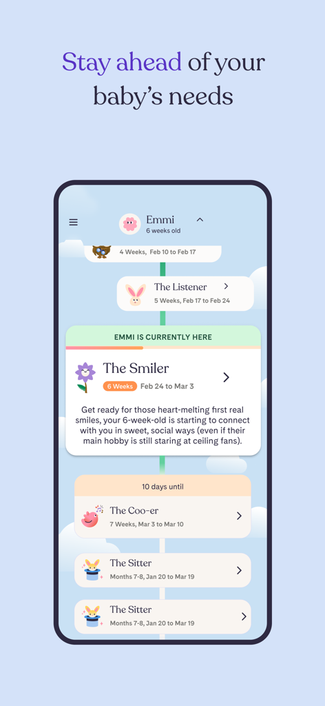 Riley: Baby Development Coach - Uno smartphone che mostra una timeline dello sviluppo del bambino con tappe fondamentali come 'Il Sorriso' e 'Il Gorgheggio' sull'app Riley.