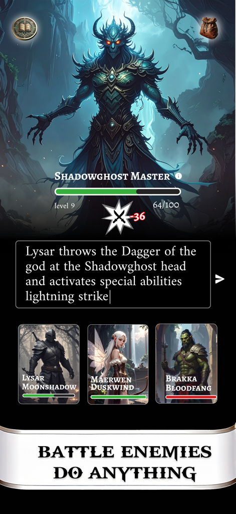 AI Game Master - Dungeon RPG - A mobile game screen showing an AI-driven RPG combat scene with free text input and character cards.