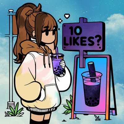 girl with oversized hoodie drinking boba and she has a high ponytail with a sign that says 10likes?