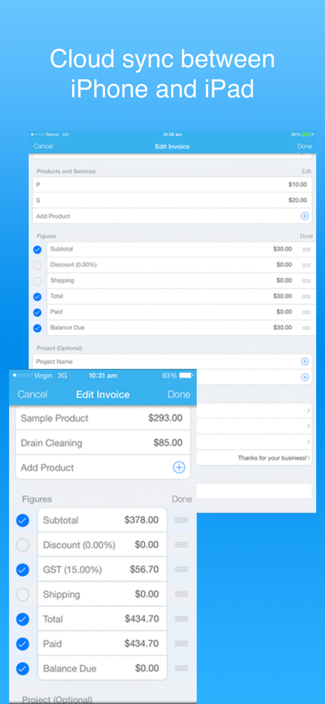 Invoice Maker Simple cloud sync feature on iPhone and iPad