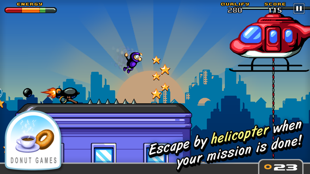 The chubby ninja Francois jumping toward a red escape helicopter on an urban rooftop.