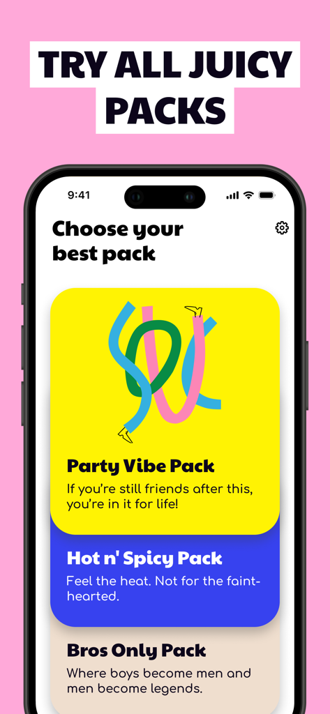 Pantalla de la aplicación Never Have I Ever mostrando categorías de juegos como Ambiente de Fiesta y packs Picantes y Calientes.