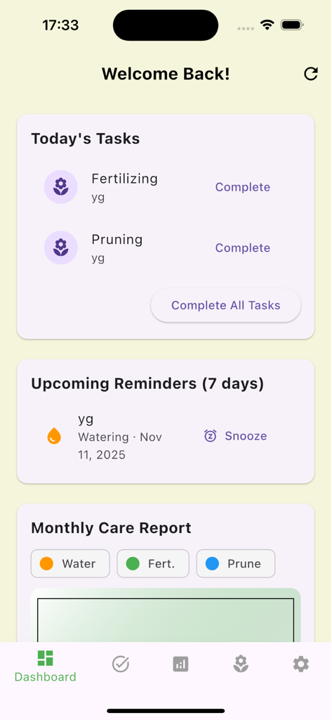Mobile Custom: Log Care - Dashboard of the Mobile Custom Log Care app showing today's plant care tasks and upcoming reminders.