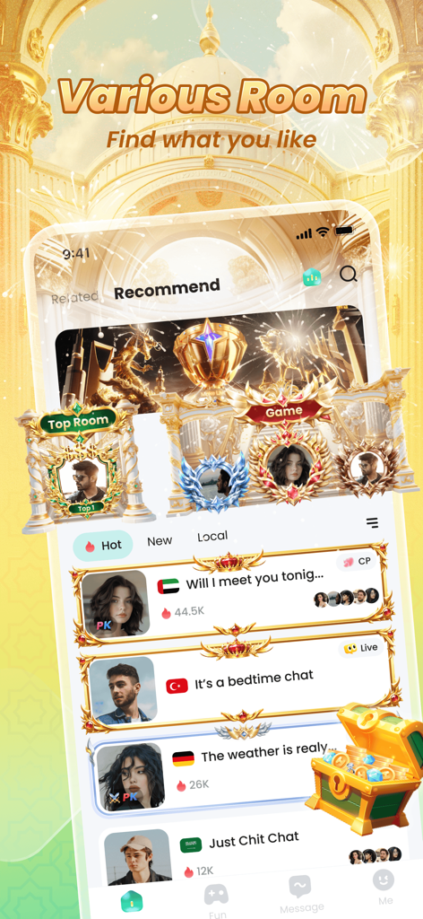 HoKi-Linking Happiness - Une capture d'écran de l'interface de l'application HoKi montrant divers salons de chat vocal en direct avec des drapeaux internationaux et des profils d'utilisateurs