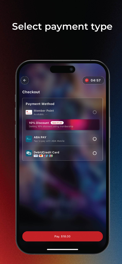 Legend Cinema - Mobile app checkout interface for Legend Cinema displaying payment options like ABA PAY and credit cards.