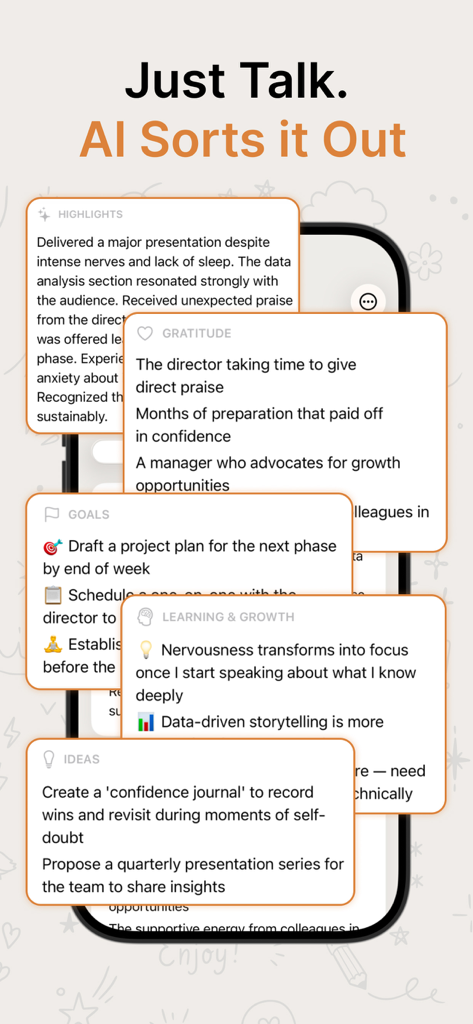 Voice Journal & Diary: Talklog - Un écran mobile montrant des cartes de l'application Talklog pour les points forts, la gratitude, les objectifs et les informations sur la croissance d'apprentissage organisées par l'IA.