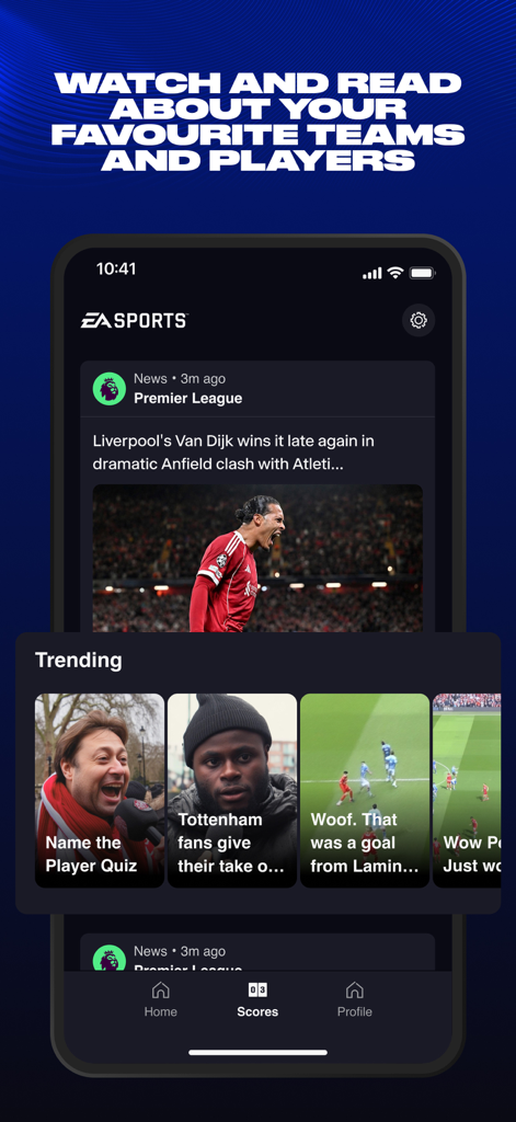 EA SPORTS App: Soccer & more - EA SPORTS App interface displaying Premier League soccer news and trending video highlights from creators.