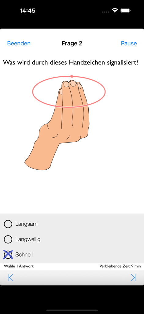 Scuba Diving Hand Signals - Schermata del quiz sui segnali manuali per immersioni subacquee con l'illustrazione di un gesto della mano e risposte a scelta multipla.