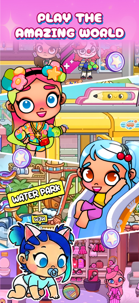 Cute Avatar World Mods, Houses - A collage of cute cartoon avatars in different play settings like a water park and home.