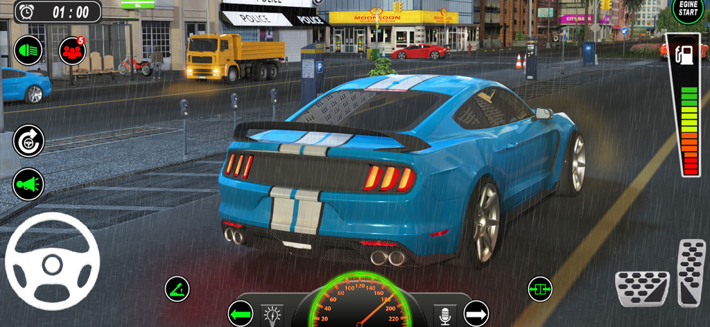 Real Car Driving 3D Car Games - Gameplay eines blauen Sportwagens, der durch eine regnerische Stadtstraße in Real Car Driving 3D fährt.