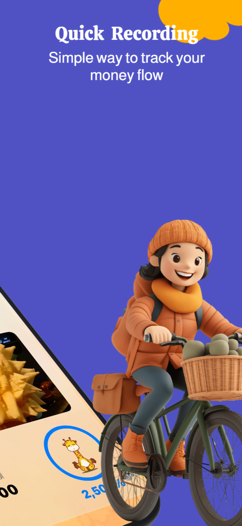 Kids' Digital Piggy Bank - A 3D character of a girl on a bicycle illustrating the quick money recording feature in the Kids Digital Piggy Bank app