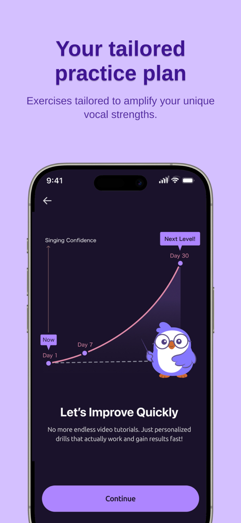 Vocaflow - Singing Coach - A mobile screen showing a tailored singing practice plan and a growth chart for singing confidence over thirty days