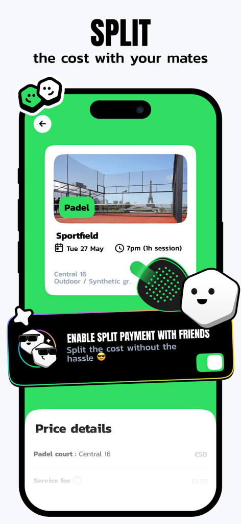Anybuddy app interface showing the option to split the cost of a padel court booking with friends