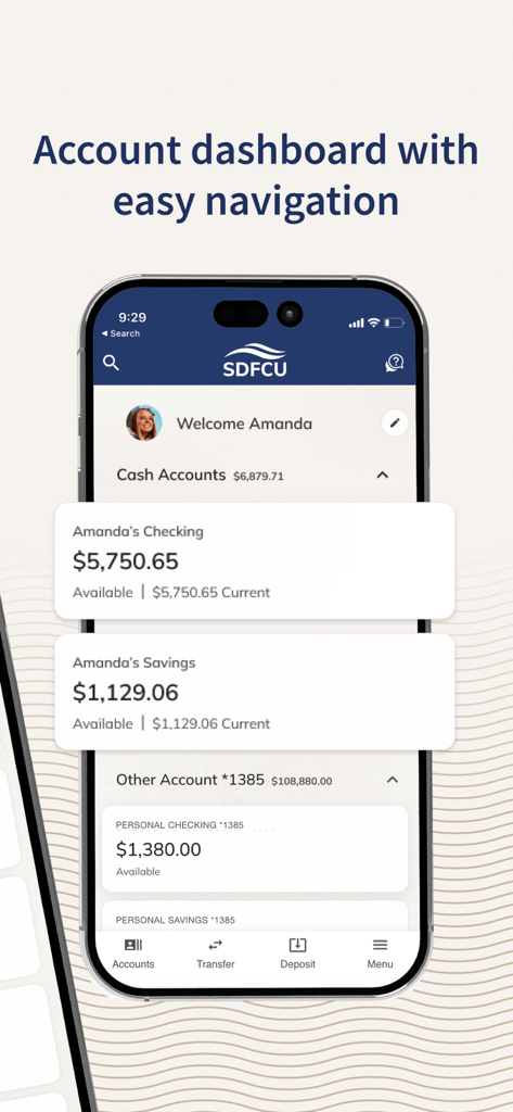 SDFCU Digital Banking - SDFCU Digital Banking mobile app account dashboard showing checking and savings balances
