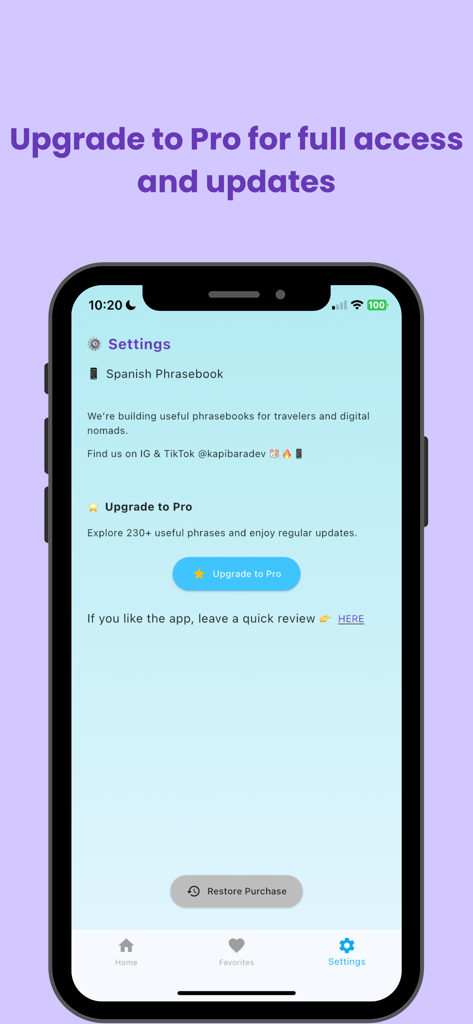Spanish Phrasebook - スペイン語会話帳モバイルアプリの設定画面。プロバージョンへのアップグレードオプションがあります