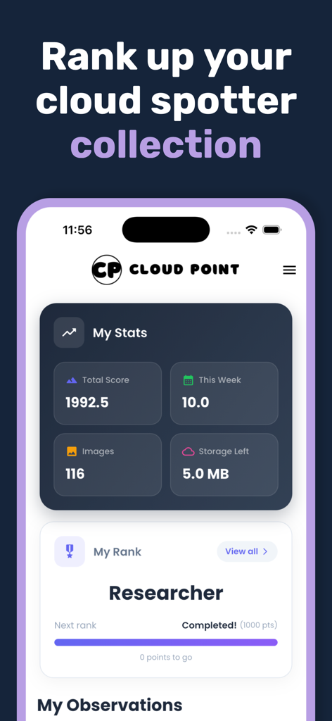 Cloud Point: Cloud Identifier - A screenshot of the Cloud Point app displaying user stats and researcher rank
