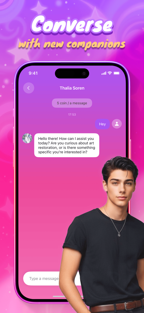 Kado: Chat & Be Yourself - Pantalla de smartphone mostrando la interfaz de la aplicación Kado con un chat de personaje de IA y el texto Converse con nuevos compañeros